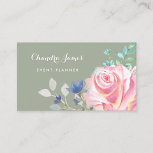 Elegant Event Planner With Beautiful Rose Floral Business Card