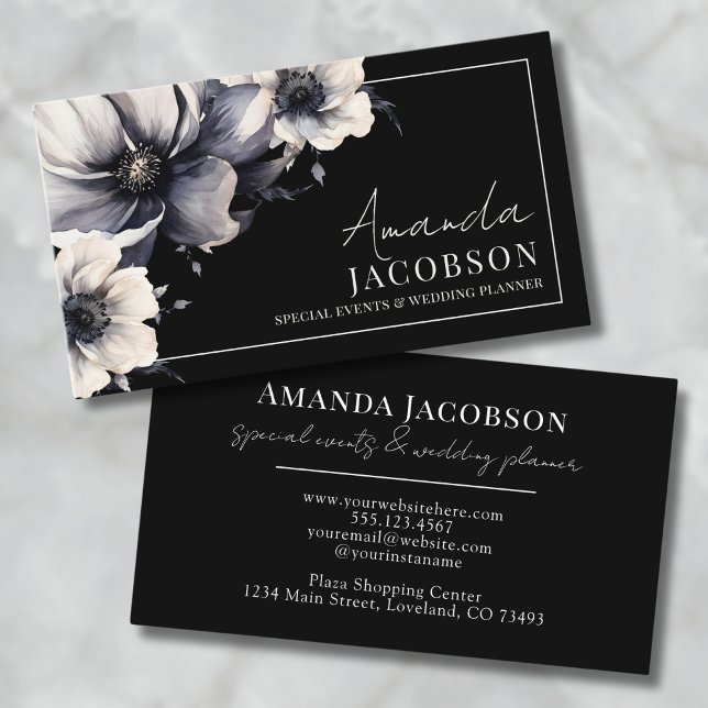 Elegant Event Wedding Planner Black Floral Business Card (Elegant Event Wedding Planner Black Floral Business Card)