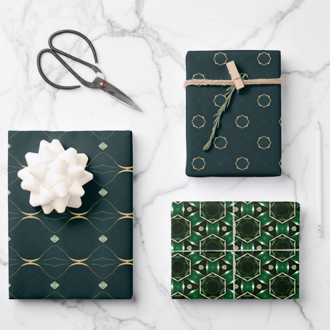 Elegant Evergreen and Gold Wrapping Paper Set  (Front)