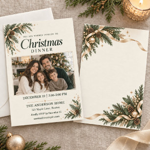 Elegant Evergreen Christmas Dinner Photo Invitation