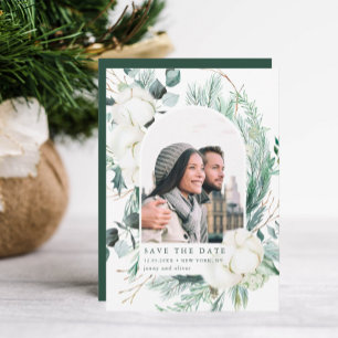 Elegant Evergreen & Cotton Flowers Arch Photo Save The Date