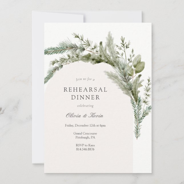 Elegant Evergreen Winter Wedding Rehearsal Dinner Invitation (Front)