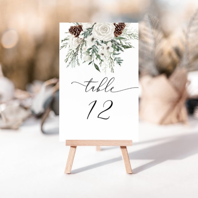 Elegant evergreen winter wedding table number (Creator Uploaded)