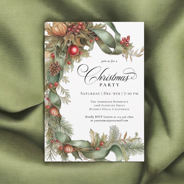 Elegant Evergreens and Ribbons Christmas Party Invitation (Available in both printed and instant download digital formats.)