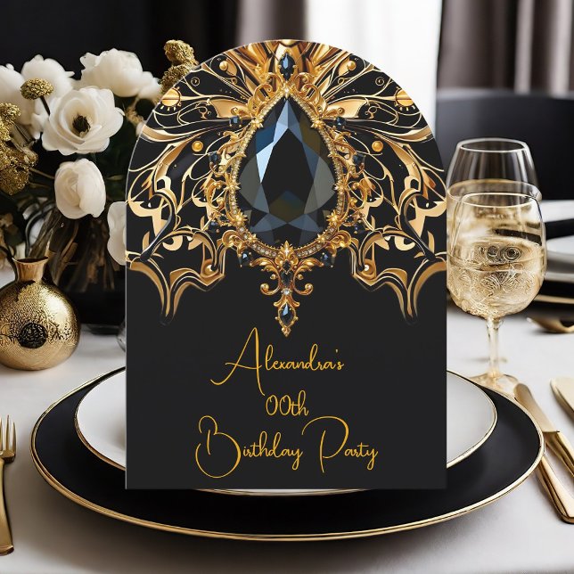 Elegant Exotic Birthday Black Gold Jewel Butterfly Invitation (Creator Uploaded)