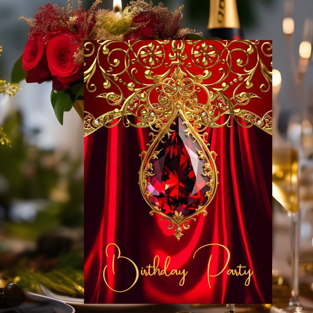 Elegant Exotic Birthday Regal Red Gold Jewel Invitation (Creator Uploaded)