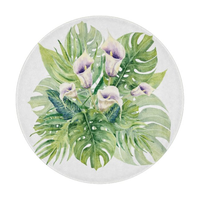 Elegant Exotic Calla Flowers and Tropical leaves Cutting Board (Front)
