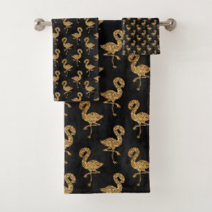 Elegant Exotic Gold Glitter Flamingo Sparkle Glam Bath Towel Set