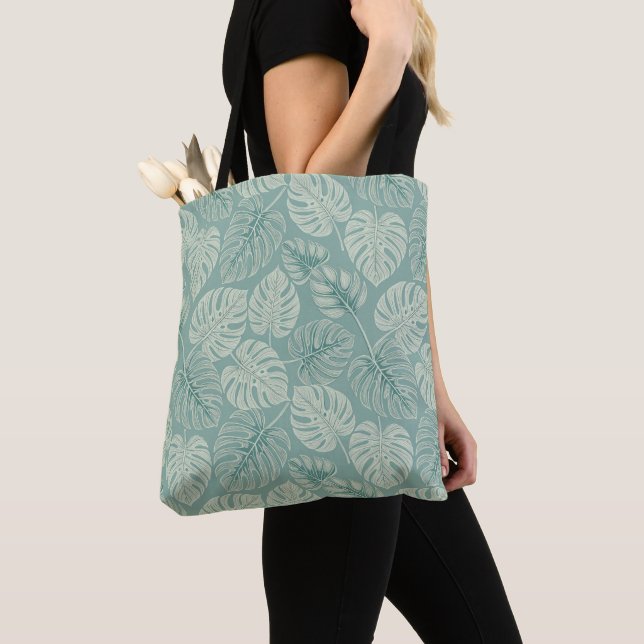 Elegant Exotic Painted Monsteras Tote Bag (Close Up)