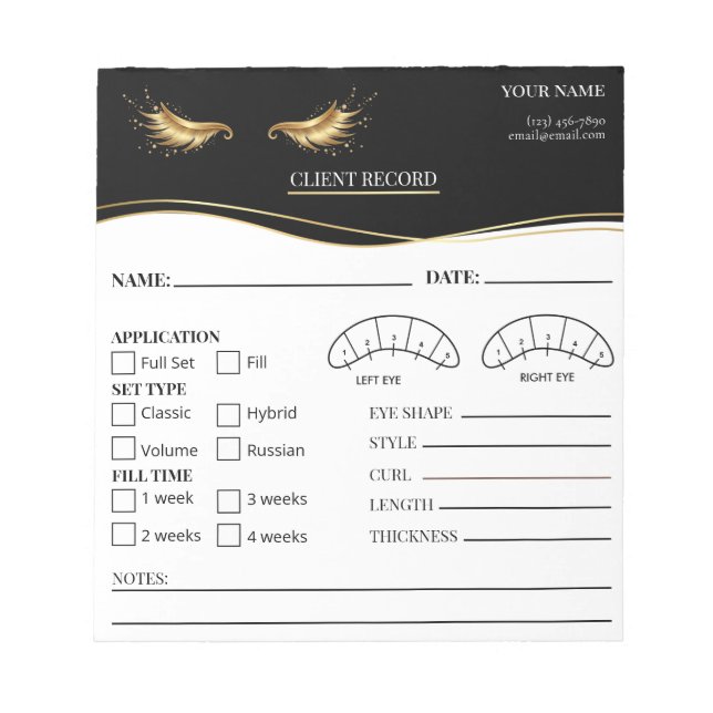 Elegant Eyelash Client Record Form Notepad (Front)