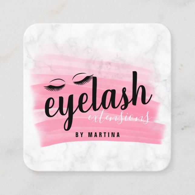 Elegant eyelash extensions marble brushstroke square business card (Front)