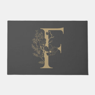 Elegant F Boho Floral Monogram Initial Grey Gold Doormat