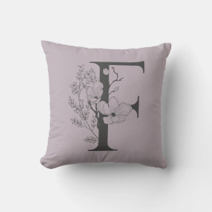 Elegant F Boho Floral Monogram Initial Lilac Grey Cushion