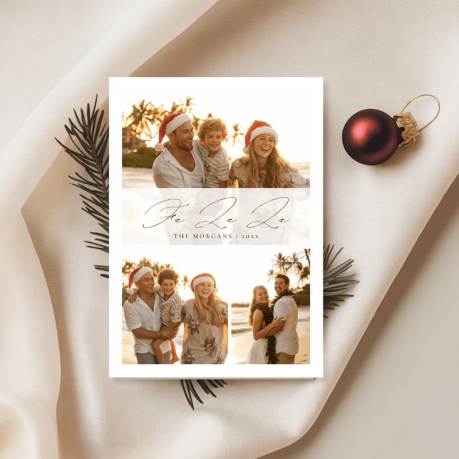 Elegant Fa La La Script Beach Family 3 Photo Holiday Card (Creator Uploaded)