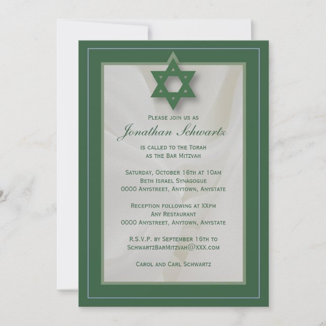 Elegant Fabric Bar Mitzvah Invitation in Green (Front)