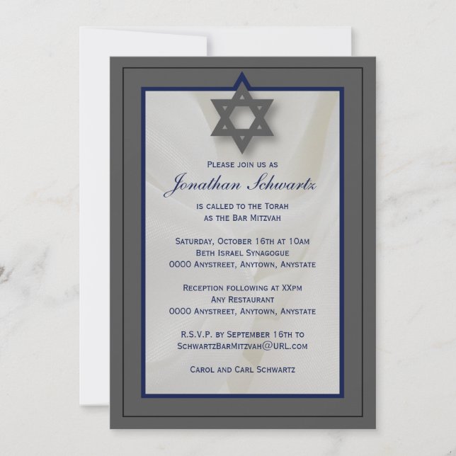 Elegant Fabric Bar Mitzvah Invitation in Grey (Front)