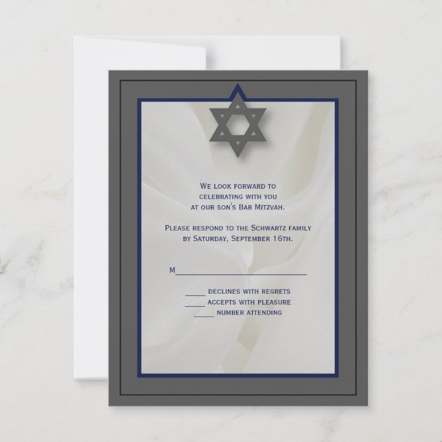 Elegant Fabric Bar Mitzvah RSVP Reply Card in Grey (Front)