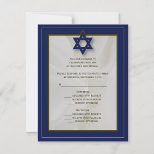 Elegant Fabric Bar Mitzvah RSVP Reply Card in Navy