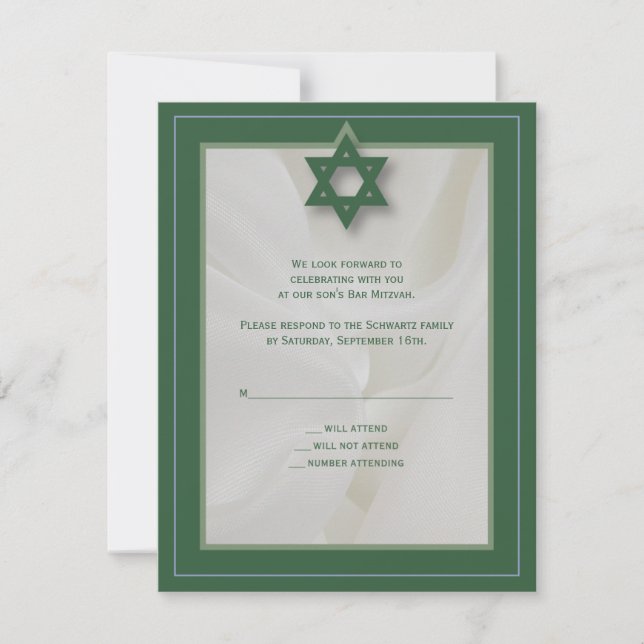 Elegant Fabric Bar Mitzvah RSVP Reply in Green Card (Front)
