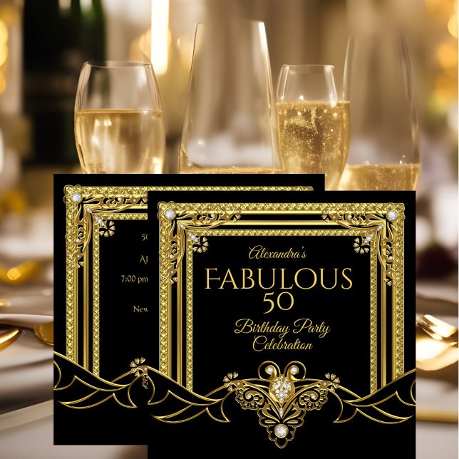 Elegant Fabulous Gold Jewel Black Birthday Party Invitation (Creator Uploaded)