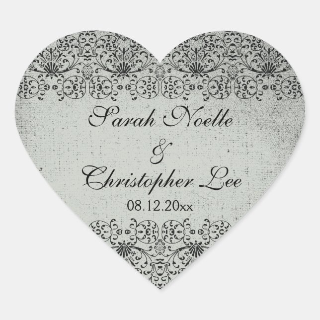 Elegant faded black silver damask wedding stickers (Front)
