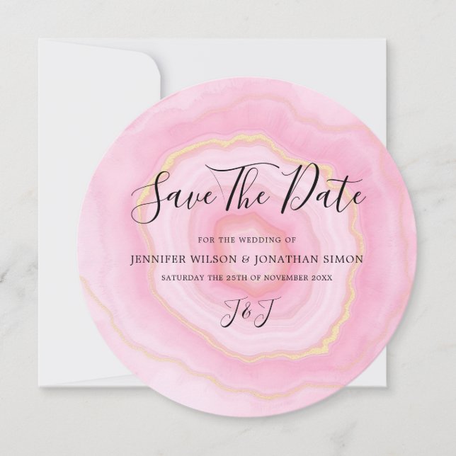 Elegant Faded Watercolor Gold Pink Agate Save The Date (Front)