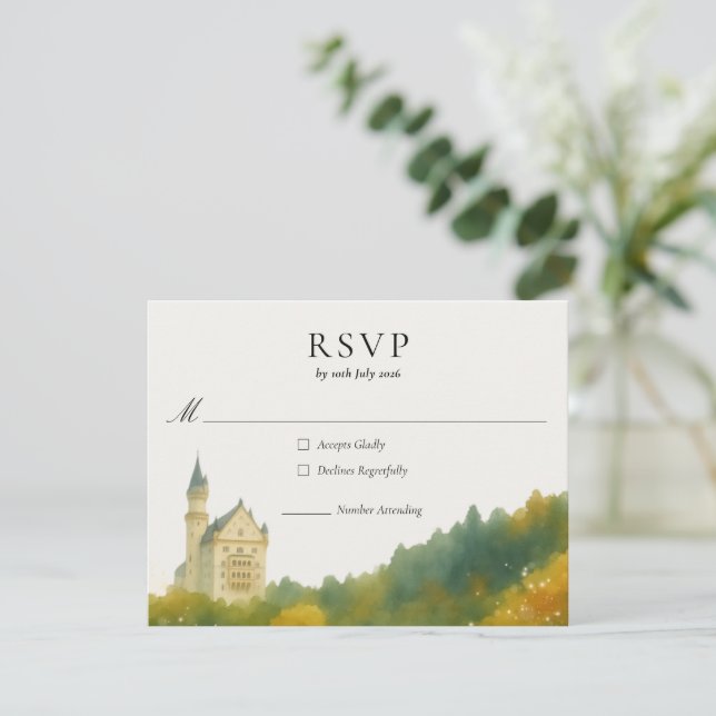 Elegant Fairytale Castle Wedding RSVP Card (Standing Front)
