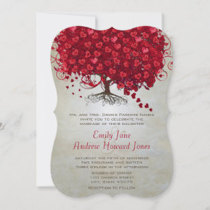 Elegant Fairytale Red Heart Leaf Tree Wedding Invitation
