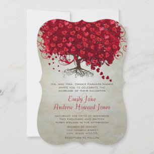 Elegant Fairytale Red Heart Leaf Tree Wedding Invitation