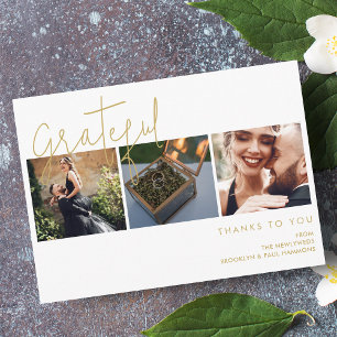 Elegant Fake Gold Effect Grateful 3 Photos Wedding Thank You Card