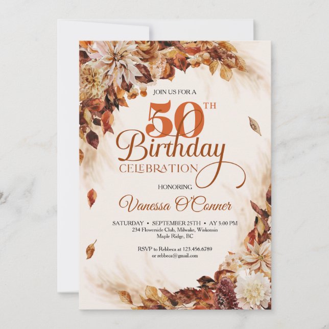 Elegant fall and autumn burnt orange floral leaves invitation (Front)