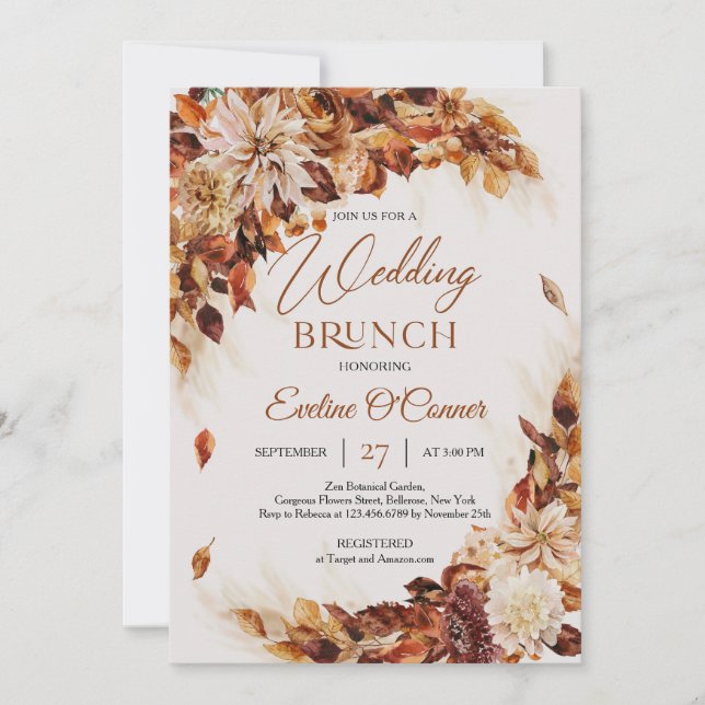 Elegant fall and autumn flowers wedding brunch invitation (Front)