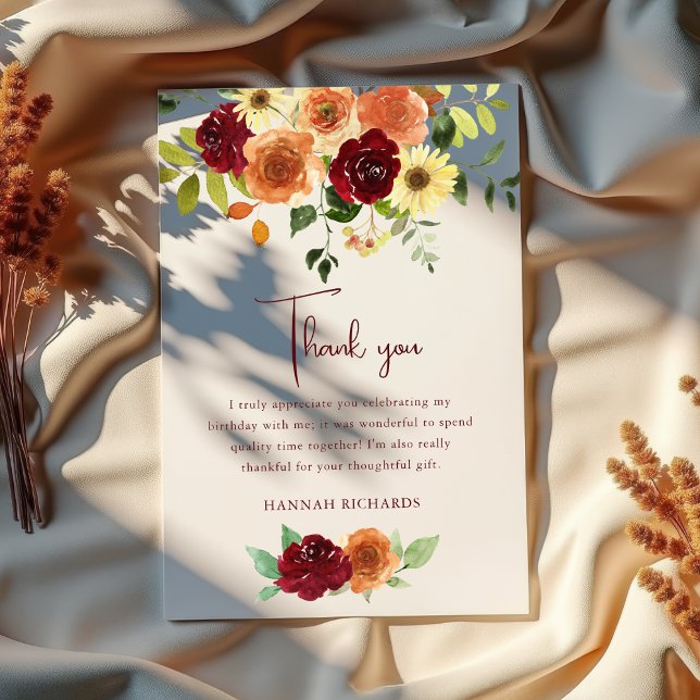 Elegant Fall | Autumn Floral Birthday  Thank You Card (Creator Uploaded)