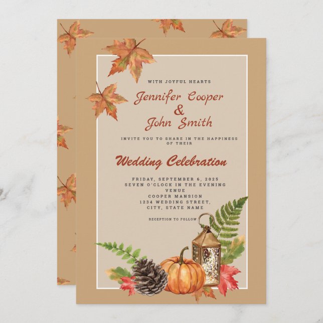 Elegant Fall Autumn Leaves Pumpkin Wedding Invitation (Front/Back)