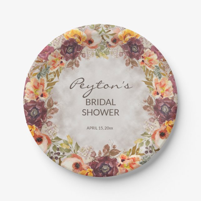 Elegant Fall Autumn Orange Burgundy Bridal Shower Paper Plate (Front)
