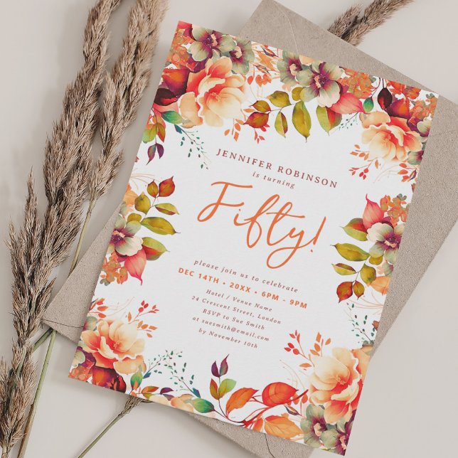 Elegant Fall Autumn Watercolor Floral 50 Birthday  Invitation (Elegant Fall Autumn Watercolor Floral 50 Birthday Invitation)