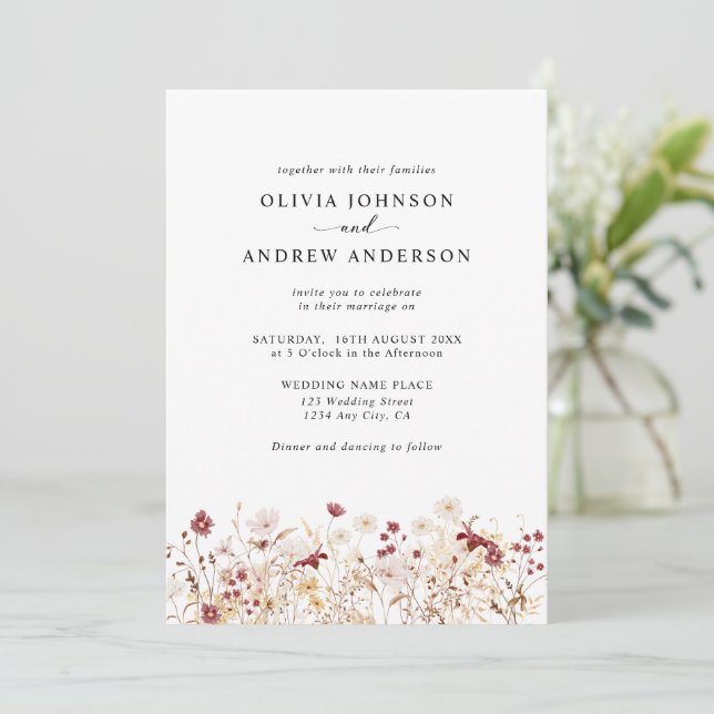 Elegant Fall Autumn Wildflowers Floral Wedding Invitation (Standing Front)