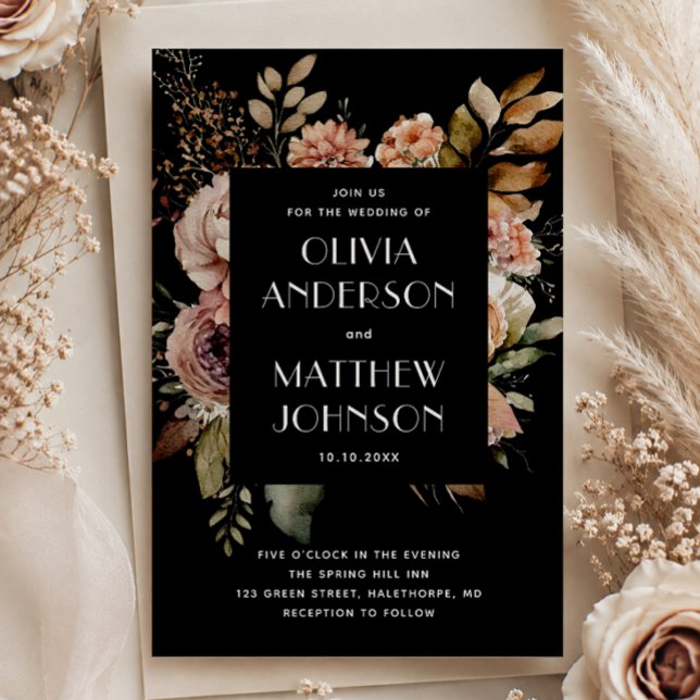 Elegant fall black floral wedding QR code details Invitation (Creator Uploaded)