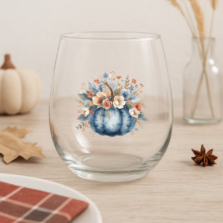 Elegant Fall Blue Pumpkin with Floral Arrangement Stemless Wine Glass
