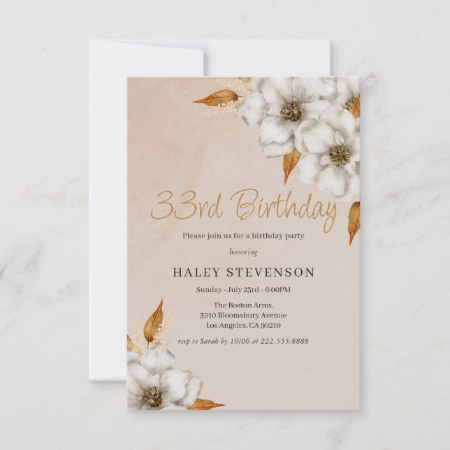 Elegant Fall Boho Chic Floral 33rd Birthday Party Invitation (Front)