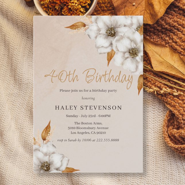 Elegant Fall Boho Chic Floral 40th Birthday Party Invitation (Creator Uploaded)