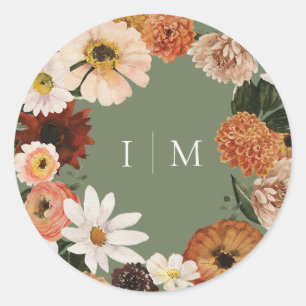 Elegant Fall Boho Wildflower Wedding Monogram Classic Round Sticker