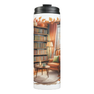 Elegant Fall Bookshelf Bouteilles — Cozy Curtain Thermal Tumbler