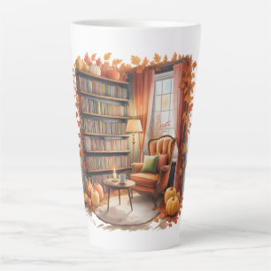 Elegant Fall Bookshelf Tasses — Cozy Curtain Latte Mug