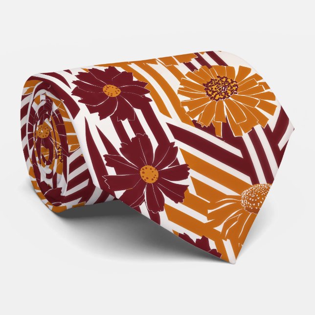 Elegant Fall Botanical Geometric Pattern Tie (Rolled)