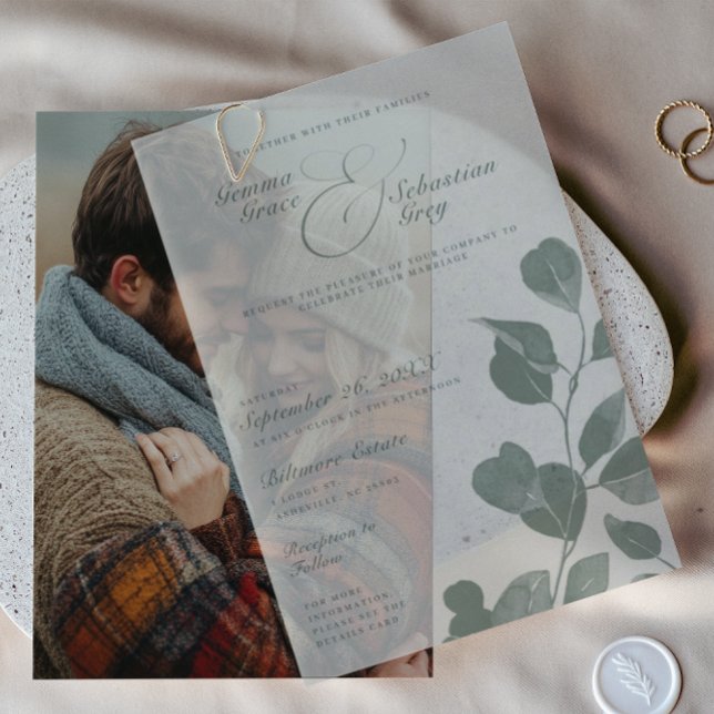 Elegant Fall Botanical Sage Overlay Wedding Vellum Invitations (Creator Uploaded)