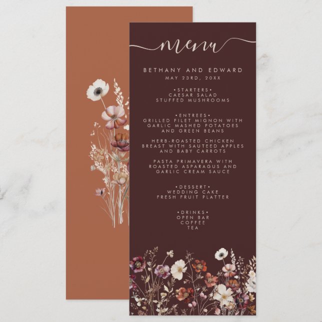 Elegant Fall Brown Floral Wedding Menu (Front/Back)