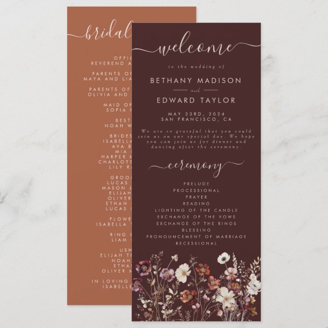 Elegant Fall Brown Floral Wedding Programme (Front/Back)