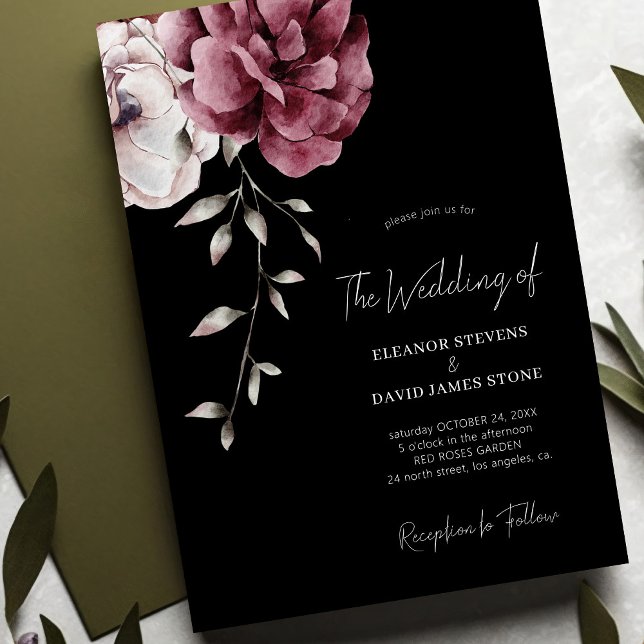 Elegant fall burgundy floral moody black wedding invitation (Creator Uploaded)