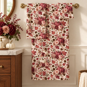 Elegant Fall Burgundy Floral Pumpkins Bath Towel Set